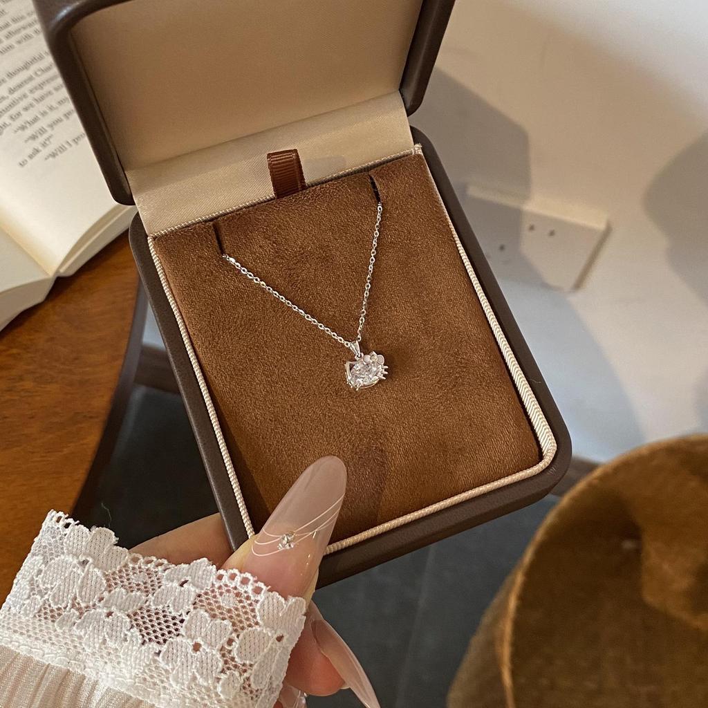 Ожерелье из стерлингового серебра 925 пробы с розовым бантом и кошкой, с бриллиантовой цепочкой для ключиц для женщин