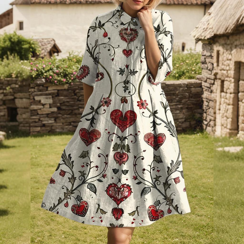 Dress For Women Elegant Casual Smocked Button Lapel Short Sleeve Knee Length Dress