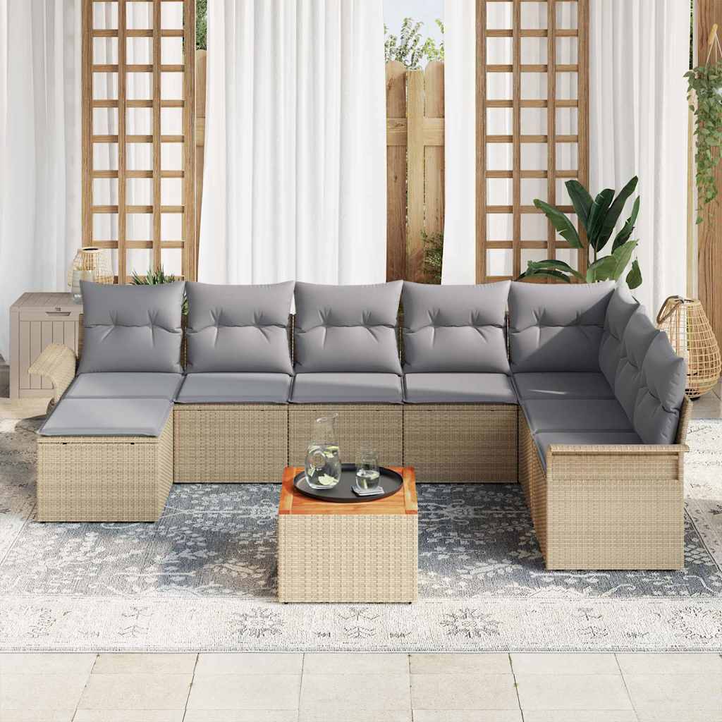 9 piece beige poly rattan garden sofa set with cushions
