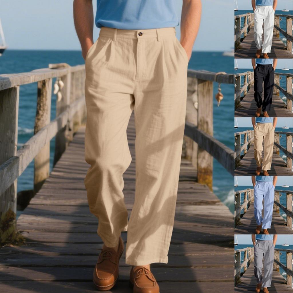 Men's Linen Casual Pants, Loose Straight Business Suit Trousers