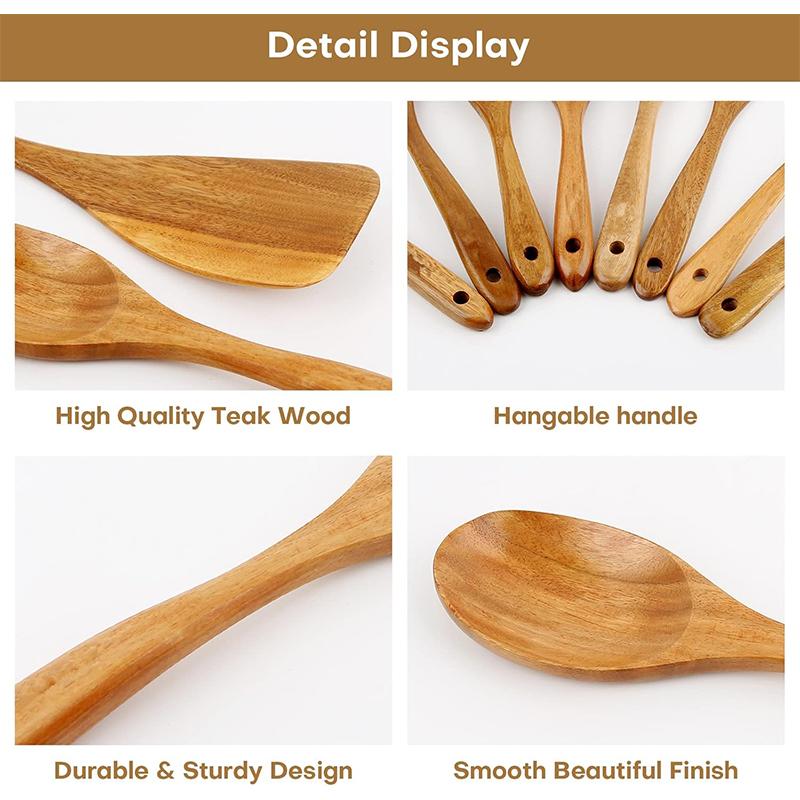 LMETJMA 10 Pack Natural Teak Wooden Kitchen Utensil Set Wooden Spoons Spatula Cooking Utensil Set For Cooking Baking JT503 4