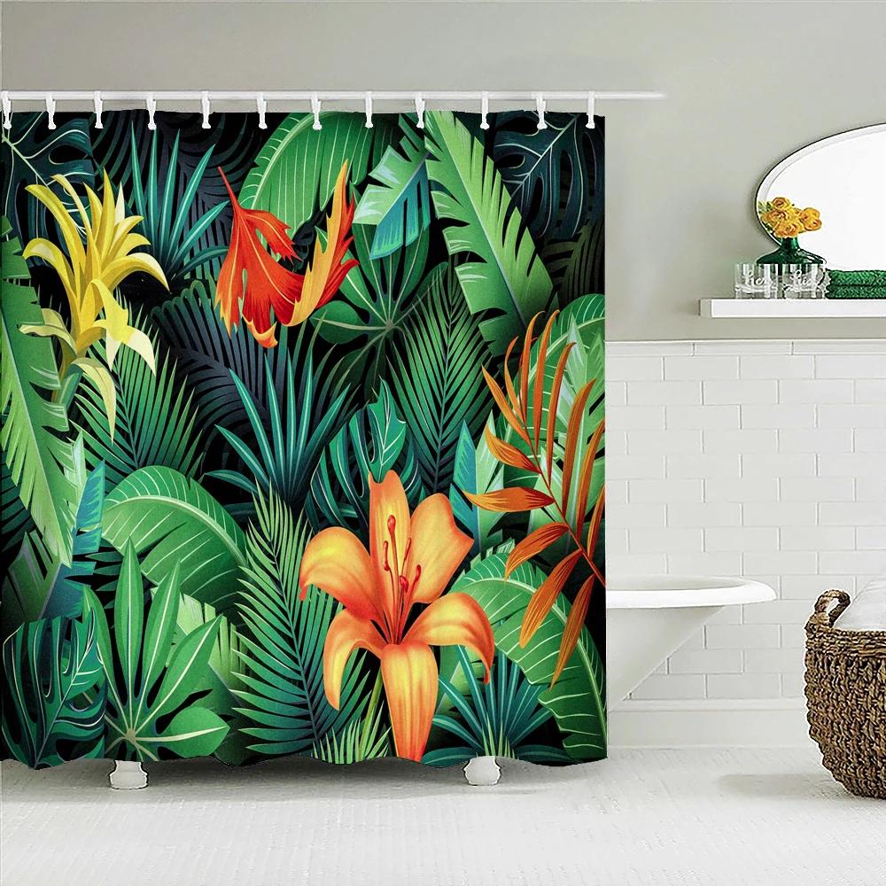 Tropical Plant Leaves Bath Curtain Waterproof Fabric Shower Curtains Colorful Palm Leaf Print Bathtub Screen for Bathroom Decor