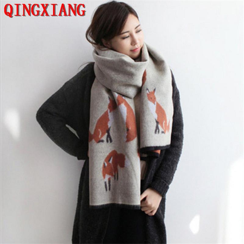 Luxury Fox Pattern Scarf Female Thick Faux Cashmere Ring Women Pashmina Tassel Double Side Fashion Winter Warm Streetwear Wrap