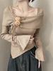 Women's Flare Sleeve One-Shoulder Knit Top with 3D Flower - Slimming & Flattering Autumn/Winter Sweater