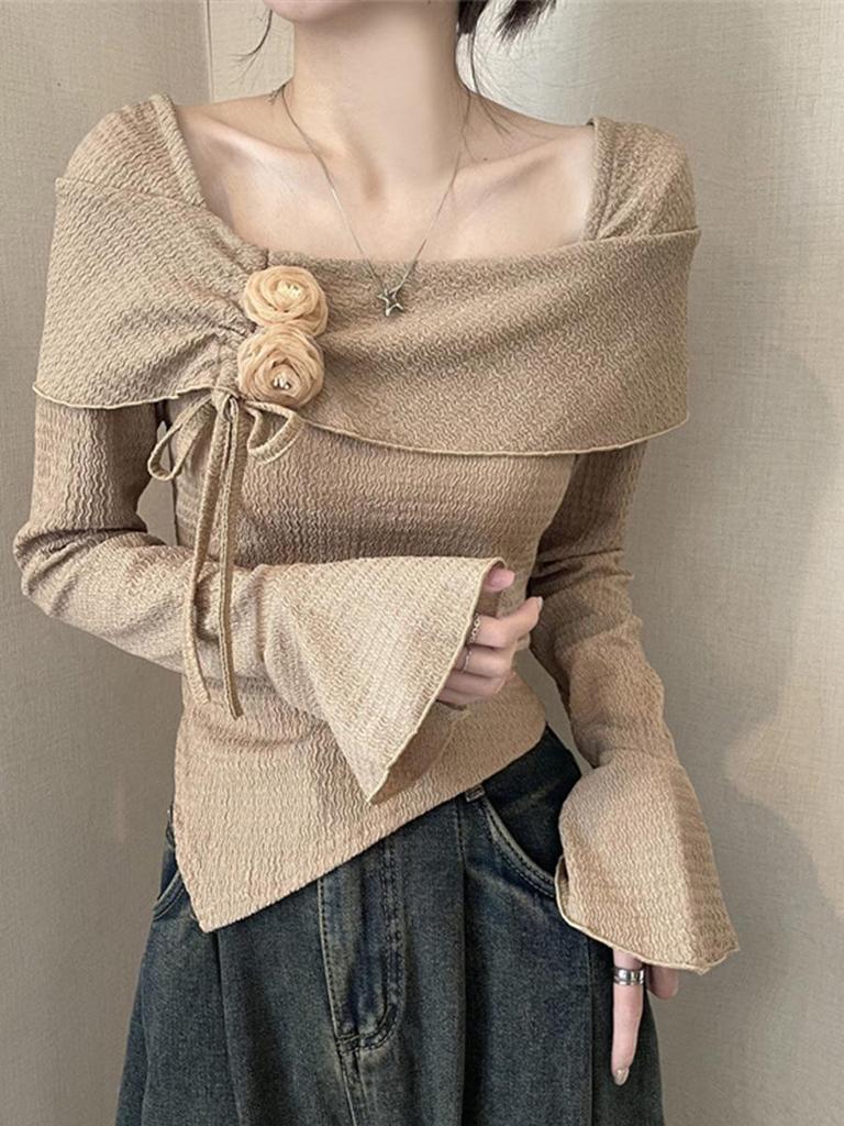 Women's Flare Sleeve One-Shoulder Knit Top with 3D Flower - Slimming & Flattering Autumn/Winter Sweater