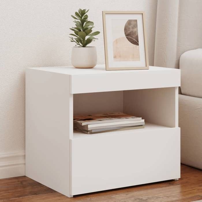 VidaXL Table de Chevet avec Lumières LED, Armoire de Lit avec Rangement, Table de Nuit, Armoire de Nuit, Moderne, Blanc Bois 836763