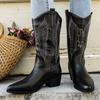 Fashion Solid Color Embroidered Cowboy Boots Women Pointed Toe Chunky Heel Mid Calf Western Boots Woman Stylish Faux Leather Botas Mujer