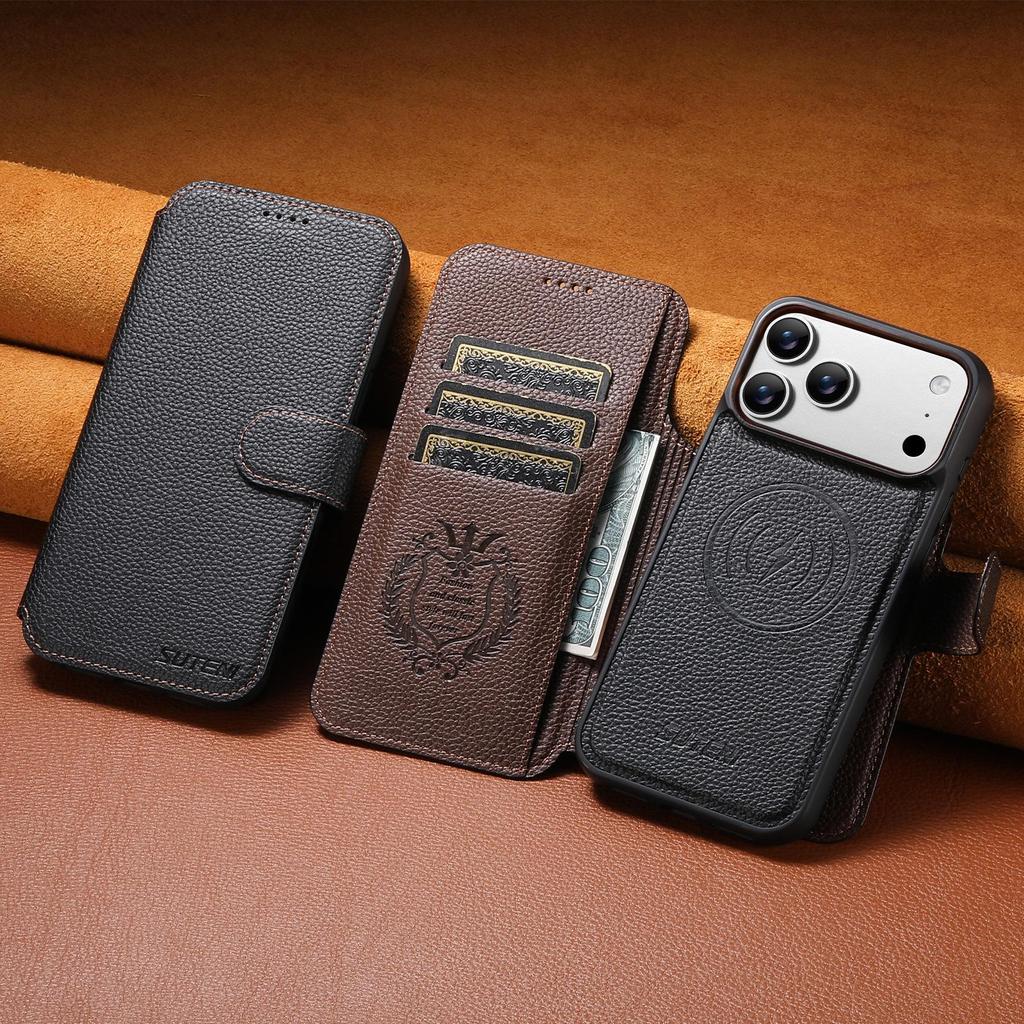 Чехол-книжка для iPhone 17 Pro с отделением для карт: Магнитный, Беспроводная зарядка, Подставка «два в одном», Кожа с цветными блоками.