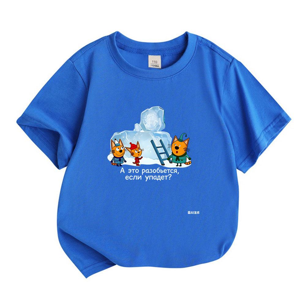 Kids Boys Girls 100% Cotton Crew Neck Short Sleeve T-Shirt, Cute Cartoon Cats Ice Block Printed Casual Soft Summer Tee for Children Daily Wear