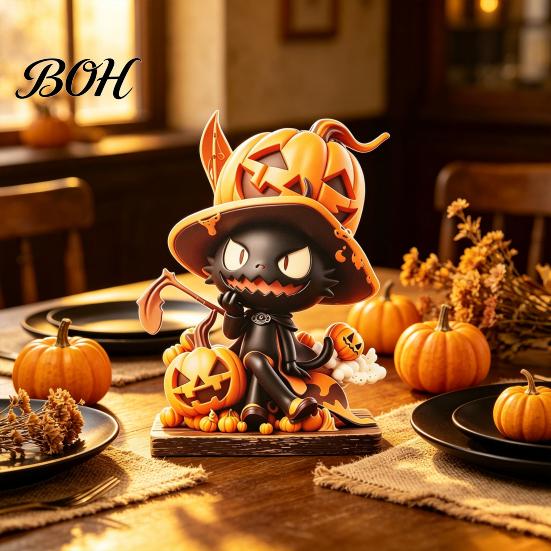 Small Desktop Figurine Wooden Halloween Tabletop Decor, Whimsical Black Cat Witch Pumpkin Skeleton Cute Room Accents Figurines, Centerpiece