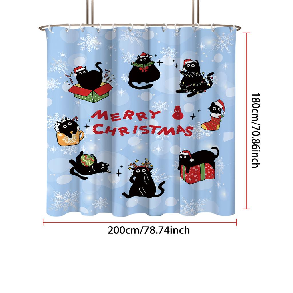 1 Christmas Black Cat Print Waterproof Shower Partition Privacy Hanging Curtain 12 Hooks Multi Size Decoration Machine Washable