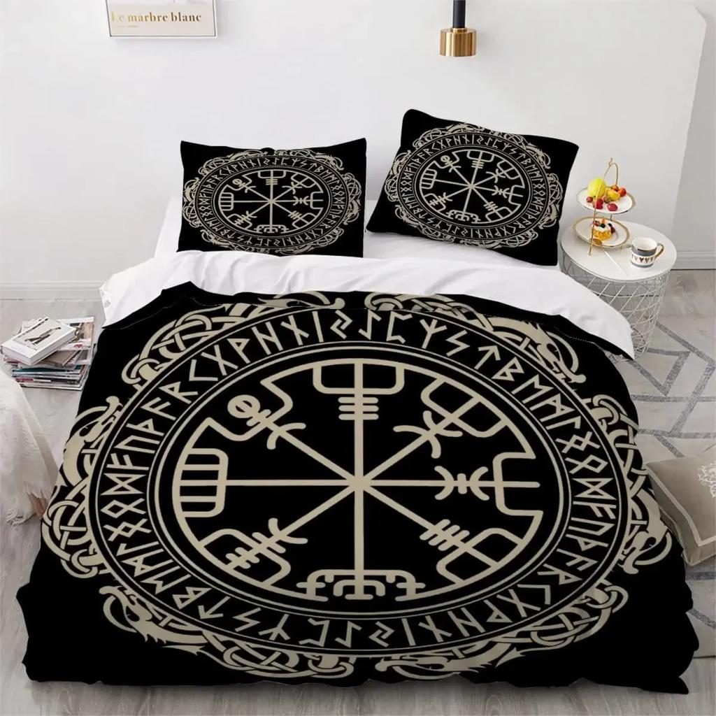 Viking Duvet Cover Set Nordic Viking Runes Print Bedding Set for Boys Teen Men King Size 2/3pcs Soft Polyester Comforter Cover