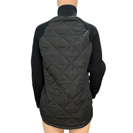 Womens Solid Color Knitted Patchwork Quilted Jacket Casual Lightweight Stand Collar Long Sleeve Zip Jackets Padded Outerwear Coats