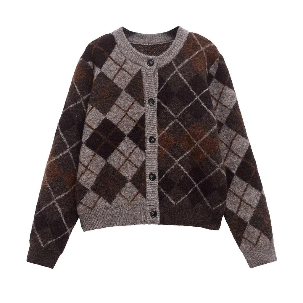 Европейский и американский женский кардиган свитер из ромбовидной вязки Осень/Зима 2024 9665