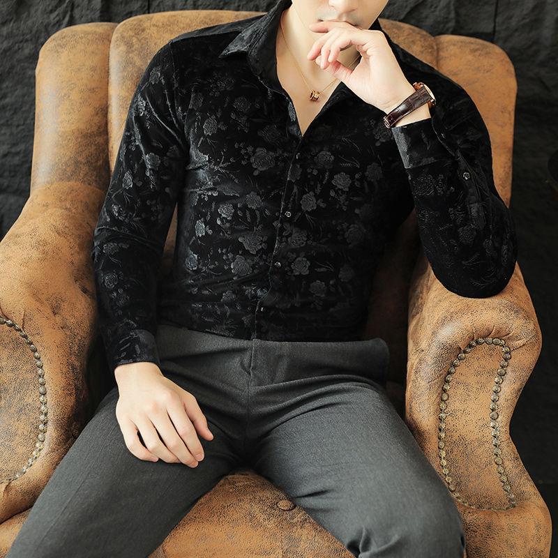 Стрейч Вельвет Рубашка с Длинным Рукавом Приталенная Заостренный Воротник Однотонная Жаккардовая Универсальная Трендовая