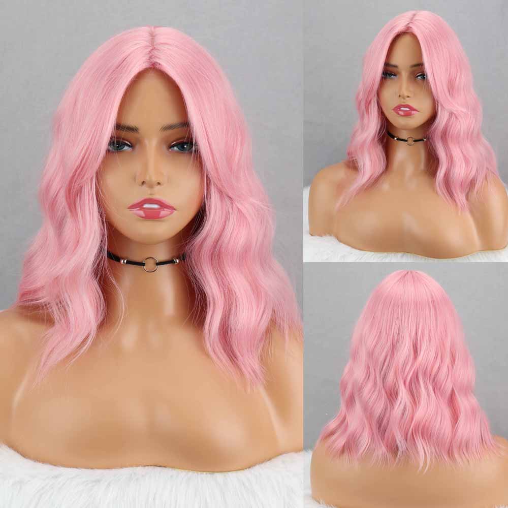 MISS WIG Women Shoulder Length Wavy Wig with Natural Bangs Synthetic Fiber Pink Short Wavy Wig Daily Wear