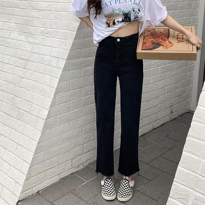 Сине-серые узкие прямые джинсы с высокой талией для женщин - эластичные брюки-сигареты с необработанным краем на осень/зиму (Маленький размер)