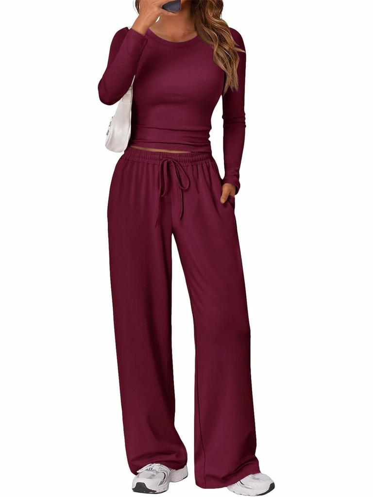 2026 New Women's 2 Piece Lounge Set Solid Color Crewneck Long Sleeve Yoga Outfit Casual Sportswear
