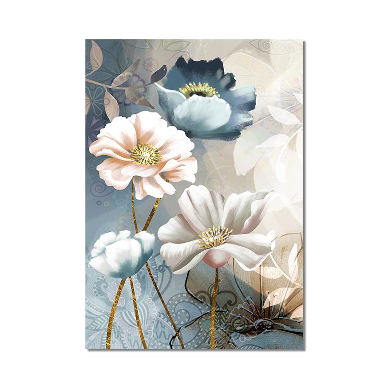 Golden Blue Flowers Nordic Poster Modern Abstract Wall Art Print Canvas Painting Wall Pictures for Living Room Home Decoration
