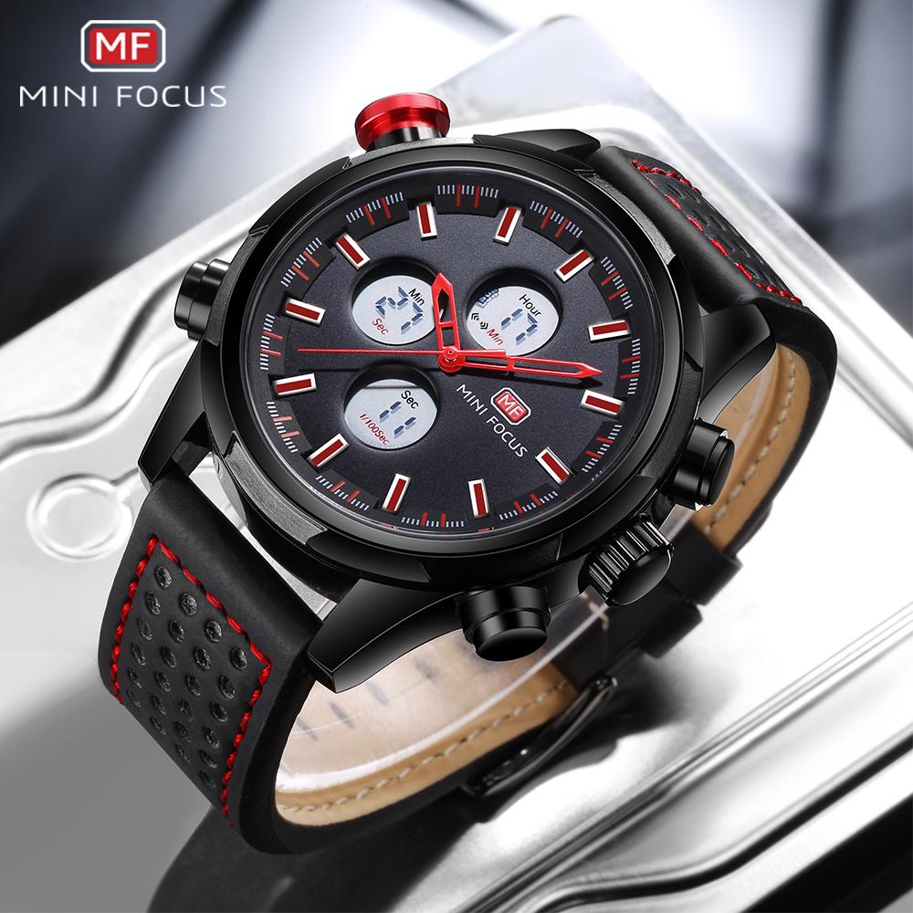 MINI FOCUS Брендовые спортивные мужские часы со светящимся водонепроницаемым кожаным ремешком 0066G Мужские кварцевые часы