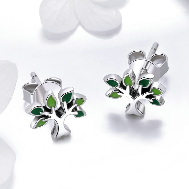 Silver earrings green TREES studs silver 925 as a gift