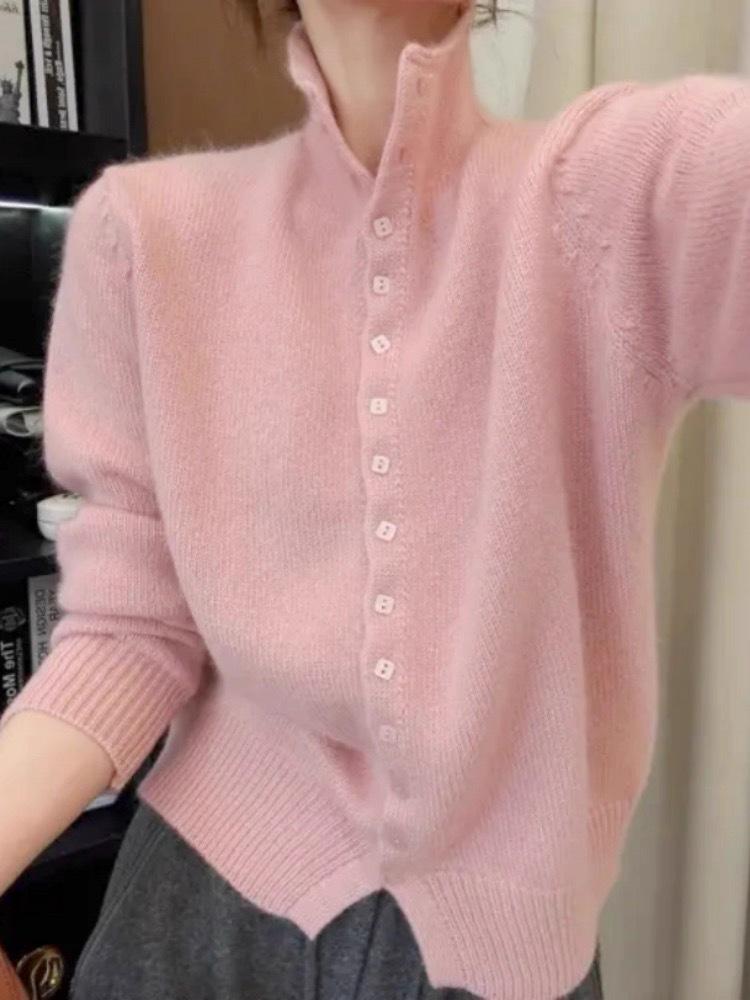 Elegant 100% Wool Stand Collar Sweater Cardigan for Women - Chic & Age-Reducing Style