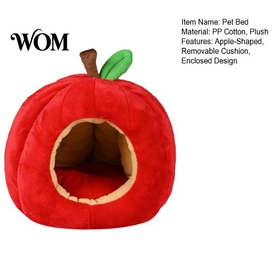 Safe Cave Bed for Anxious Cats Apple-Shaped Cat Bed, Plush Pet Hideaway with Removable Cushion, Warm Comfortable Enclosed House Cozy Small Dogs Autumn