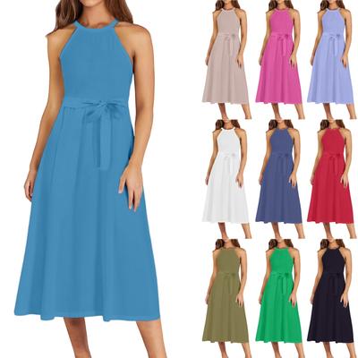 Женское повседневное платье миди с круглым вырезом, классическое, повседневное, без рукавов, свободное платье в стиле бохо с завязками, летний пляжный сарафан