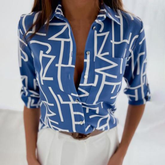Women Summer Shirt Lapel Long Sleeve Shirt Geometric Pattern Slim Fit Tops Single Breasted Shirt Streetwear