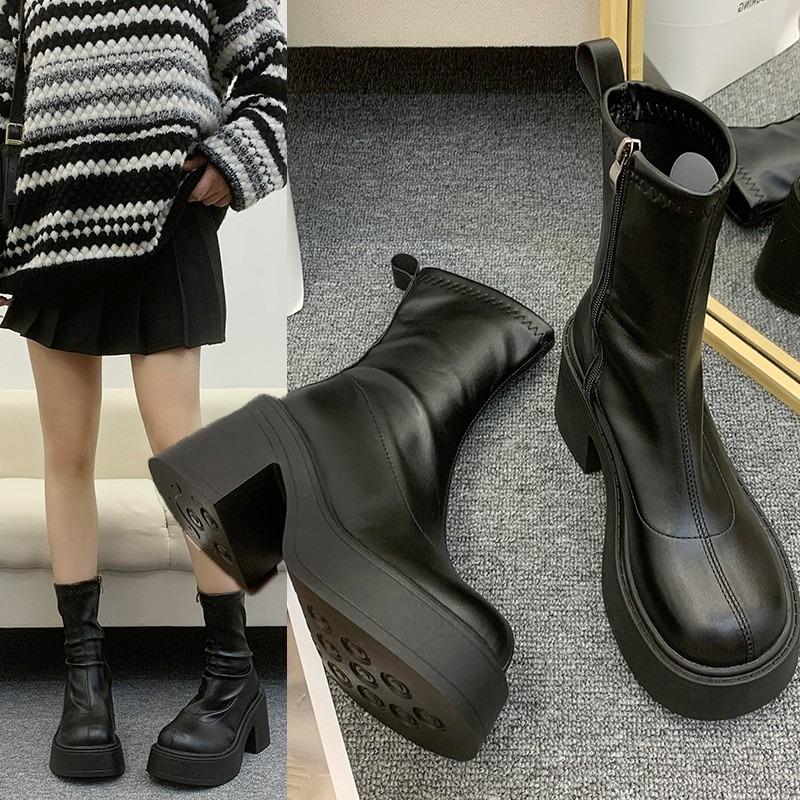 Женские модные ботильоны на платформе и блочном каблуке, с круглым носком, боковой молнией, противоскользящие, износостойкие, средней высоты голенища, облегающие