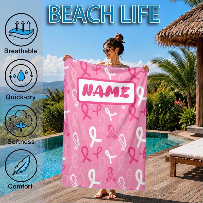 Custom Name Pink Ribbon Awareness Beach Towel Microfiber Beach Towel, Lightweight and Quick-Dry, for Summer Travel, Swimming Pool Gift