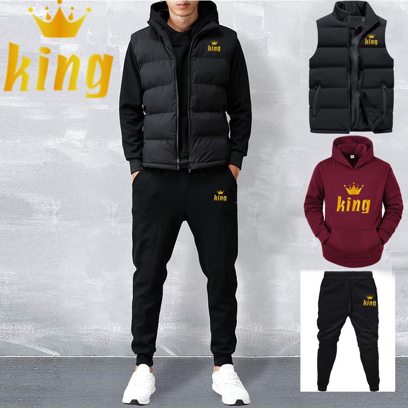 Men Spring Winter Fleece Hoddies Set Casual Sets Vest + Hoodies + Pants 3 Piece Set Male Tracksuit Sportswear Set
