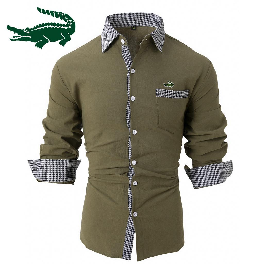 2024 Новая мужская рубашка из хлопка и льна в клетку в стиле пэчворк, мужская повседневная рубашка с длинными рукавами и вышивкой