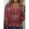 Spring and Autumn Women's Blouse V Collar Star Tie-dye Pearl Buttons Long Sleeve T-shirt