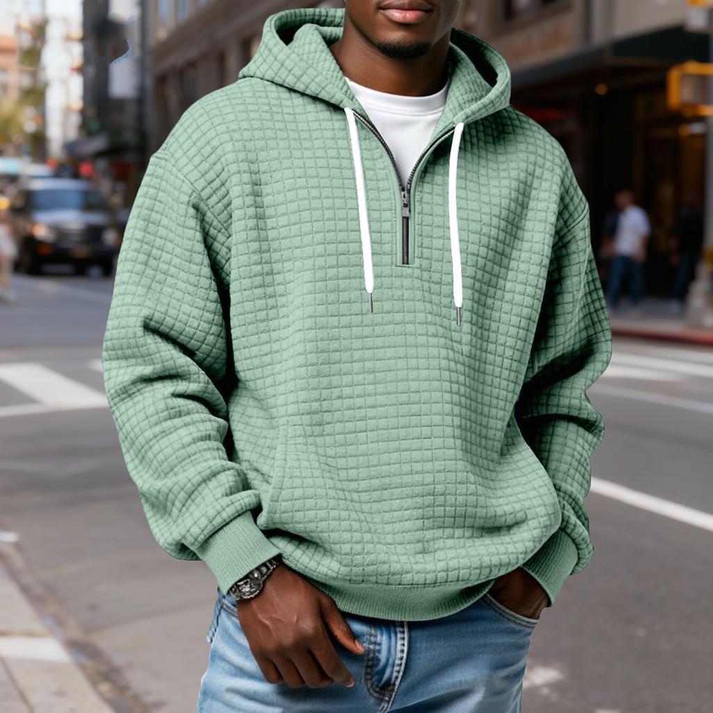 Мужской худи-пуловер в клетку с капюшоном на молнии до середины, со шнурком, повседневная спортивная толстовка