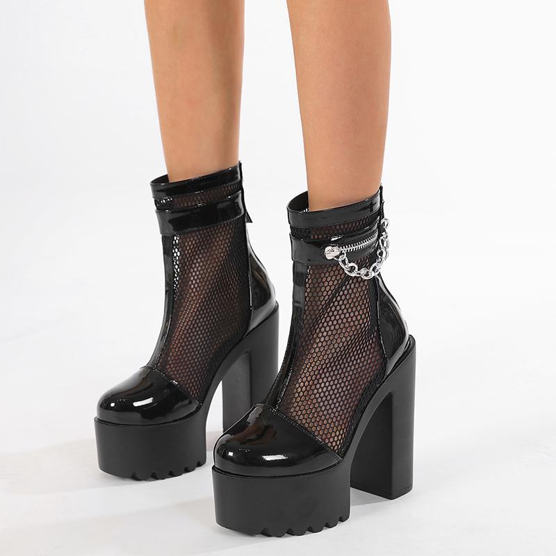 Gdgydh Женские короткие сапоги на блочном каблуке, стильные ботильоны на высоком каблуке с дышащей сеткой и молнией сзади, модная летняя обувь с цепочкой