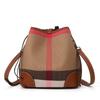 Canvas with Cowhide Bucket Bag Women's Plaid Crossbody Bag New Small Bag Shoulder Bag Trendy Bag