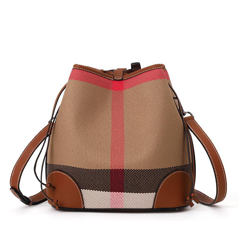 Canvas with Cowhide Bucket Bag Women's Plaid Crossbody Bag New Small Bag Shoulder Bag Trendy Bag
