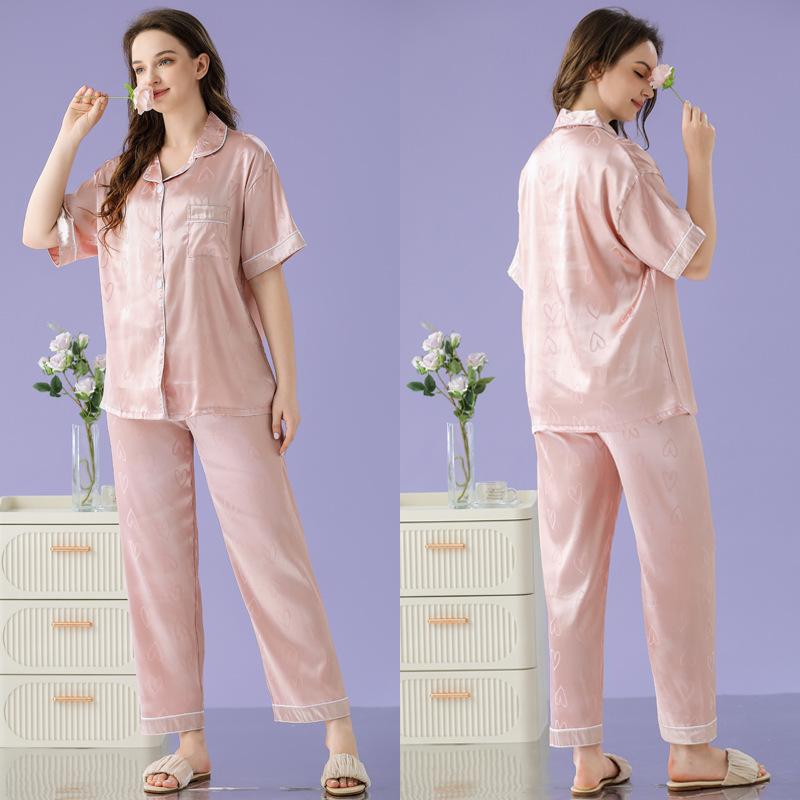 Cool Ice Silk Pajamas Women'S Autumn Short-Sleeved Trousers Love Printing Casual Loose Loungewear Set