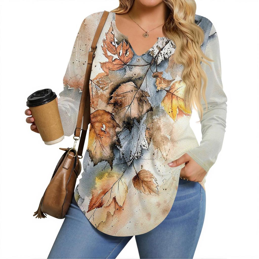 Womens Plus Size Long Sleeve Shirts V Neck Tunic Tops Basic Loose Fit Tee Tops