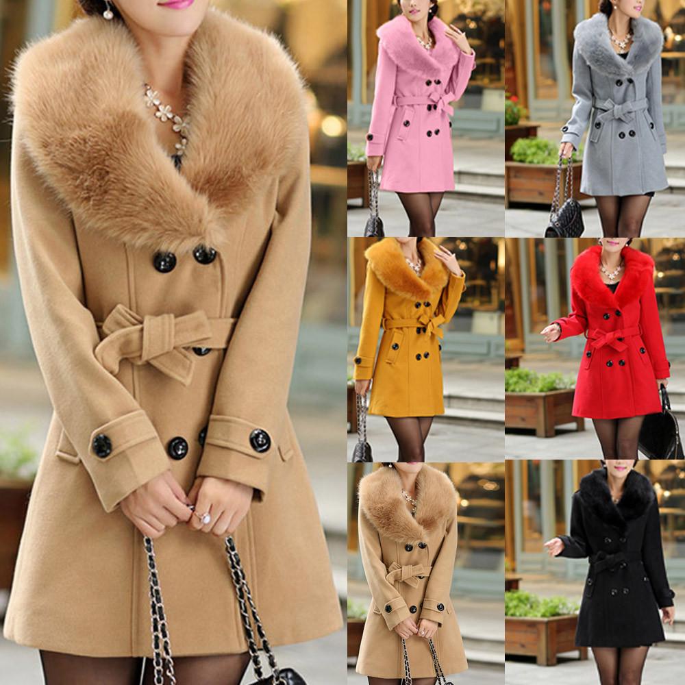 Womens Winter Lapel Wool Coat Trench Jacket Long Sleeve Overcoat Outwear