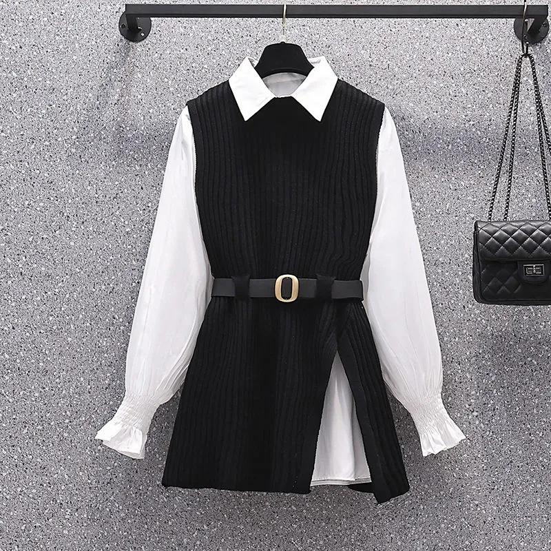 Women Fall Vintage Fat MM Long Sleeve White Pullover Blouse Knit Vest Two Pieces Set