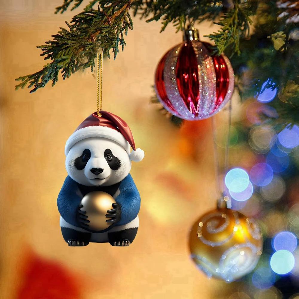 2D Christmas Panda Ornament Cute Xmas Hanging Ornament Fashion Car Panda Pendants  Kids Gift