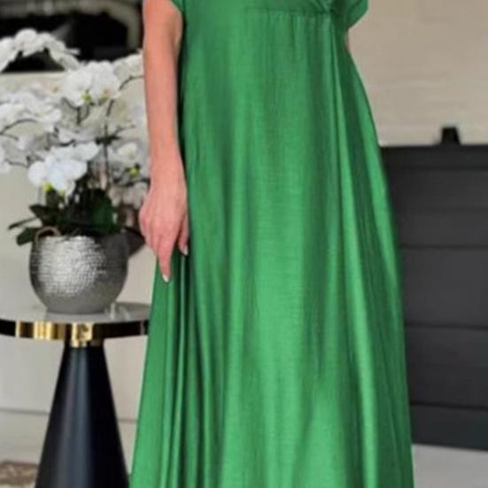 Весеннее женское платье с V-образным вырезом и коротким рукавом, свободное, трапециевидное, чистого цвета, длиной до щиколотки