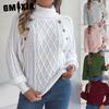 Autumn and Winter Casual Solid Color Button Twist High-neck Lantern Sleeve Pullover Sweater Women's Wear