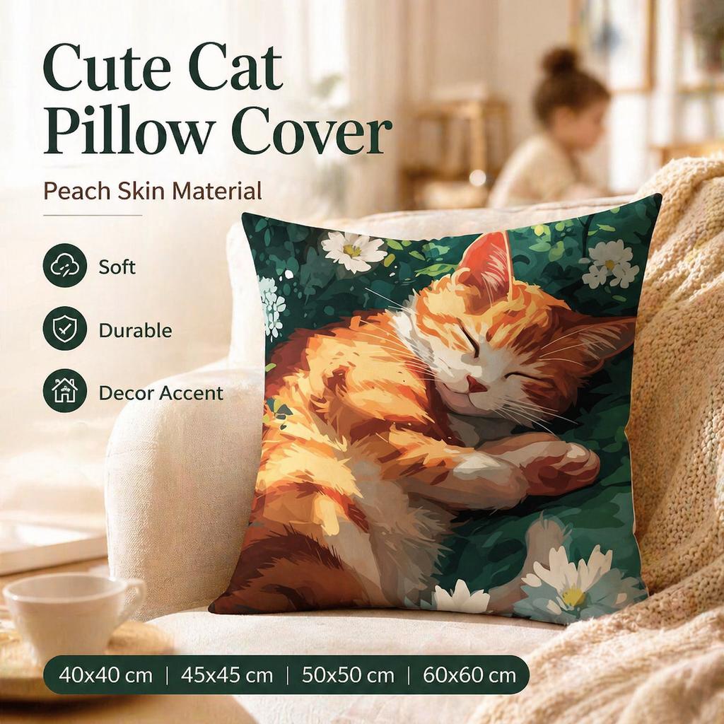 Cute White Kitty Throw Pillow Cover 2D Flat Printed Abstract Art Cat Peach Skin Cushion Case For Bedroom Kids Room Sofa Decor