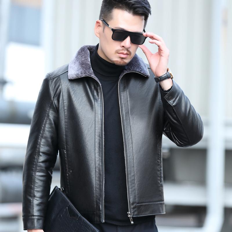 Повседневная мужская кожаная куртка с меховым покрытием для людей среднего и пожилого возраста, флисовая утолщенная овчинная куртка, зимняя