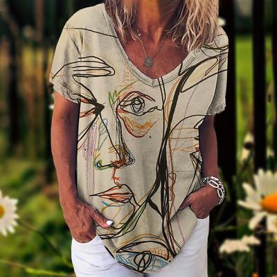 Женская футболка в стиле ретро, ​​одежда в стиле Харадзюку, топы с рисунком лица, футболки с v-образным вырезом, большой пуловер, блузка с короткими рукавами, свободный свитшот