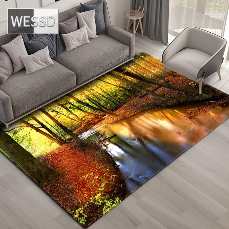 3D ковер с природными пейзажами для гостиной, зеленый лес, водопад, пейзажный ковер, противоскользящий ковер для спальни, большой в ванной комнате