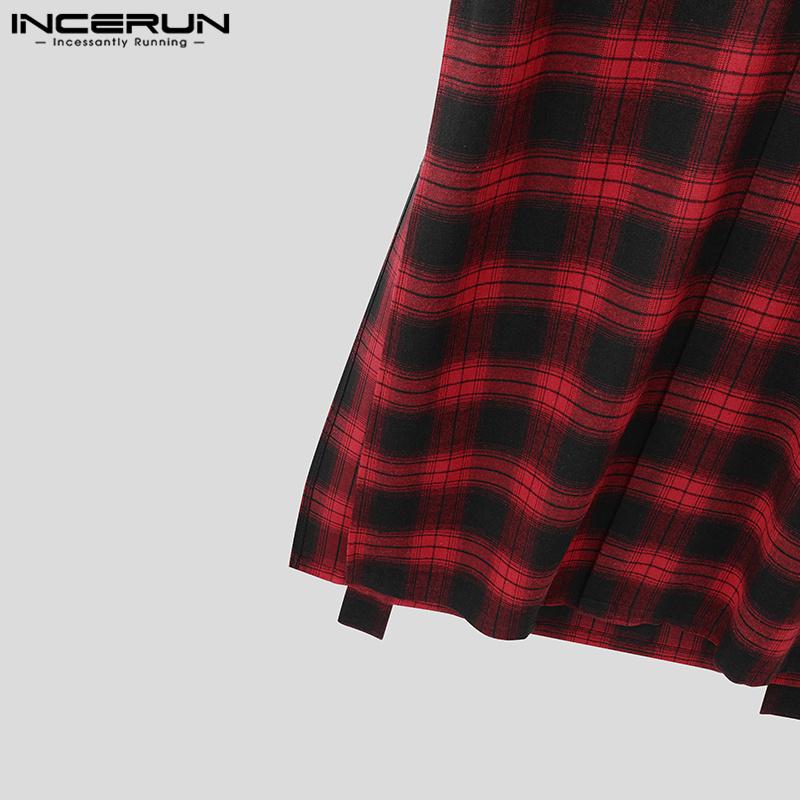 INCERUN Большие мужские рубашки с воротником-стойкой и длинным рукавом в клетку, повседневные туники